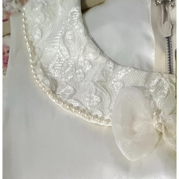 First Communion Dress Girls Size M White Sheer Lined Bows Peals Lace Satin Trim - Picture 10 of 16